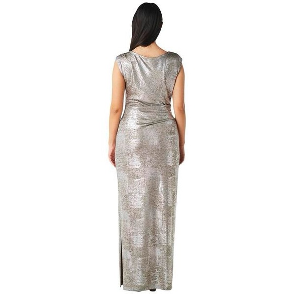 Connected Women’s Apparel Drape Neck Metallic Sheath Gown - Picture 2 of 3
